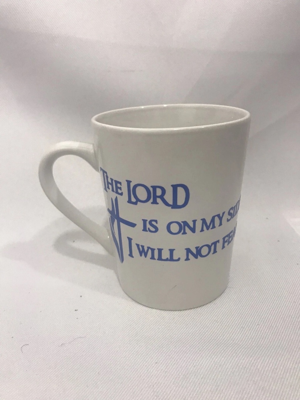 White Inspirational Ceramic Mug with Blue Scripture Message